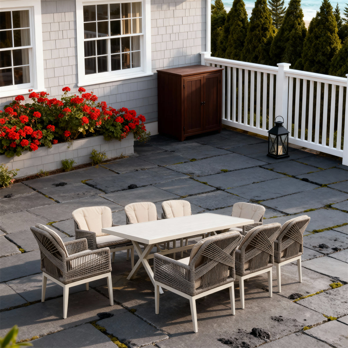 SFTZ260603 Light Grey Wicker Outdoor Dining Set with Beige Cushions – English Coastal Manor Patio 9-Piece Luxury Dining Furniture Set