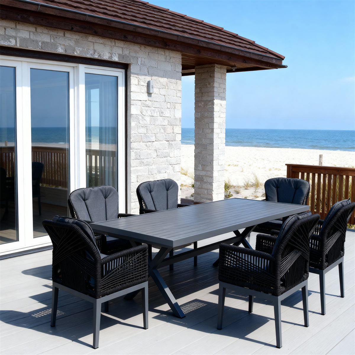 SFTZ260701 All-Black Woven-Back Wicker Outdoor Dining Set – Sicilian Coastal Villa Patio Luxury Dining Furniture Set