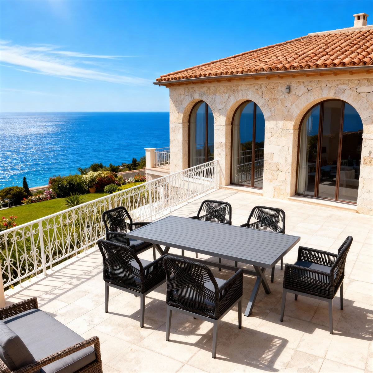 SFTZ260701 All-Black Woven-Back Wicker Outdoor Dining Set – Sicilian Coastal Villa Patio Luxury Dining Furniture Set