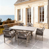 SFTZ260702 Light Grey Woven-Back Wicker Outdoor Dining Set – Spanish Coastal Villa Patio Luxury 7-Piece Dining Furniture Set