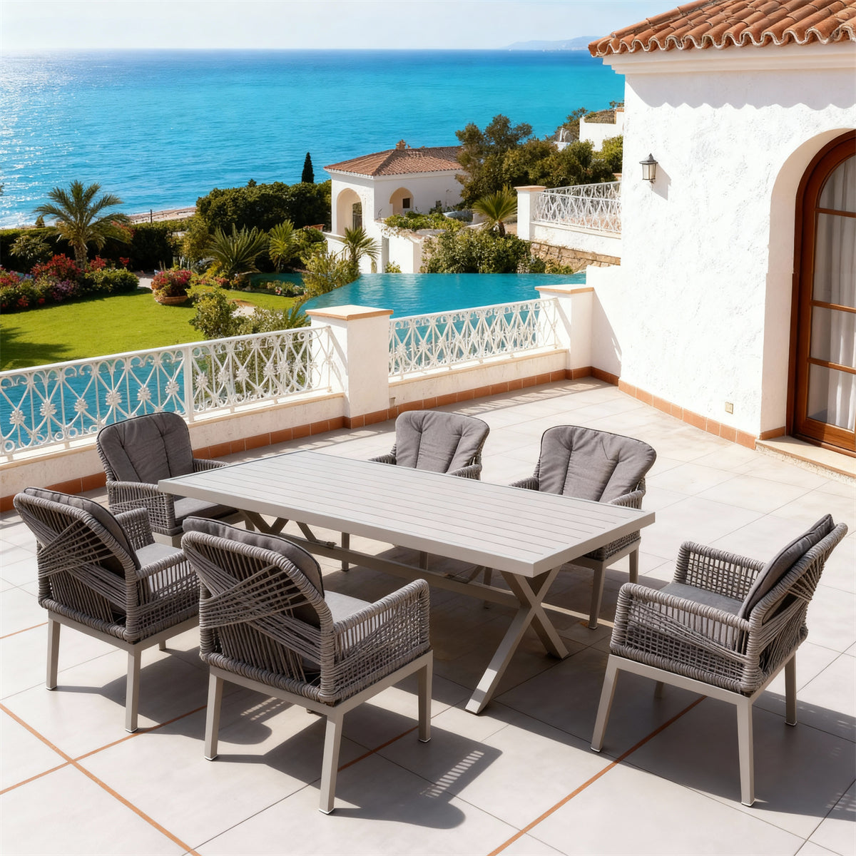 SFTZ260702 Light Grey Woven-Back Wicker Outdoor Dining Set – Spanish Coastal Villa Patio Luxury 7-Piece Dining Furniture Set