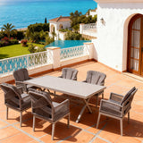 SFTZ260702 Light Grey Woven-Back Wicker Outdoor Dining Set – Spanish Coastal Villa Patio Luxury 7-Piece Dining Furniture Set