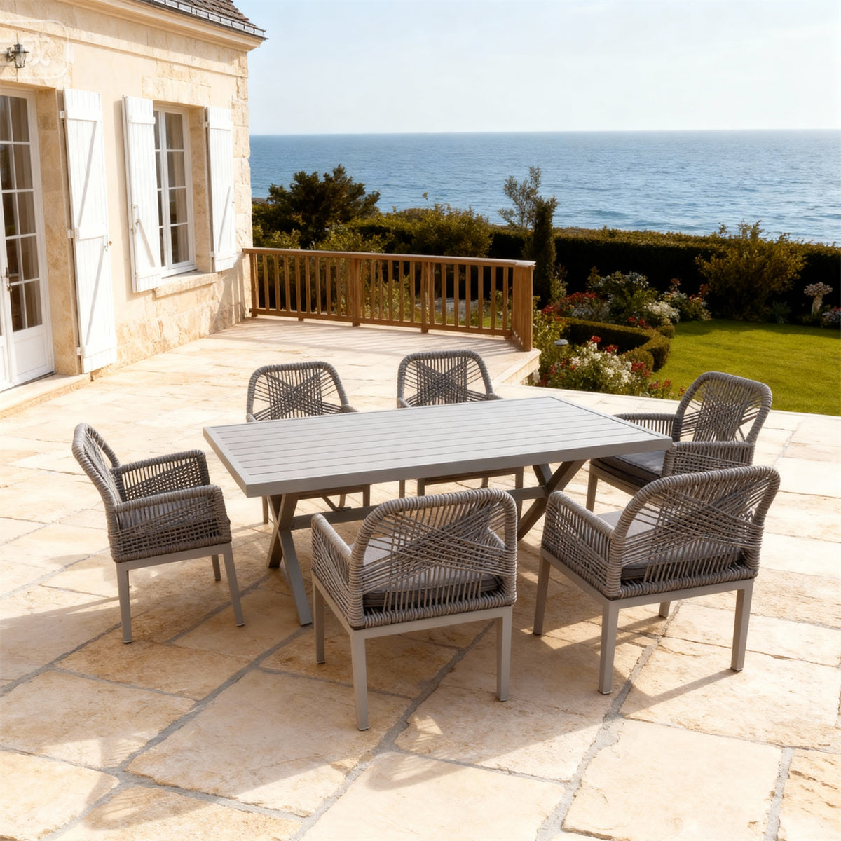 SFTZ260702 Light Grey Woven-Back Wicker Outdoor Dining Set – Spanish Coastal Villa Patio Luxury 7-Piece Dining Furniture Set