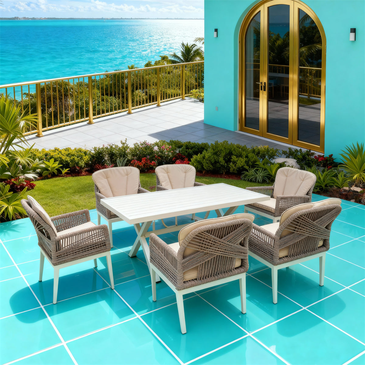SFTZ260703 Light Brown Wicker Cross-Back Outdoor Dining Set with Beige Cushions – Caribbean Coastal Resort Villa Patio 7-Piece Luxury Dining Furniture Set