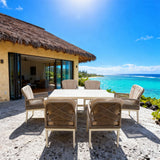 SFTZ260703 Light Brown Wicker Cross-Back Outdoor Dining Set with Beige Cushions – Caribbean Coastal Resort Villa Patio 7-Piece Luxury Dining Furniture Set