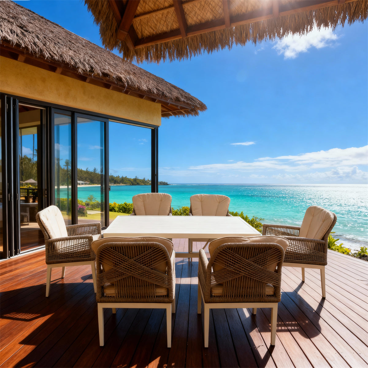 SFTZ260703 Light Brown Wicker Cross-Back Outdoor Dining Set with Beige Cushions – Caribbean Coastal Resort Villa Patio 7-Piece Luxury Dining Furniture Set