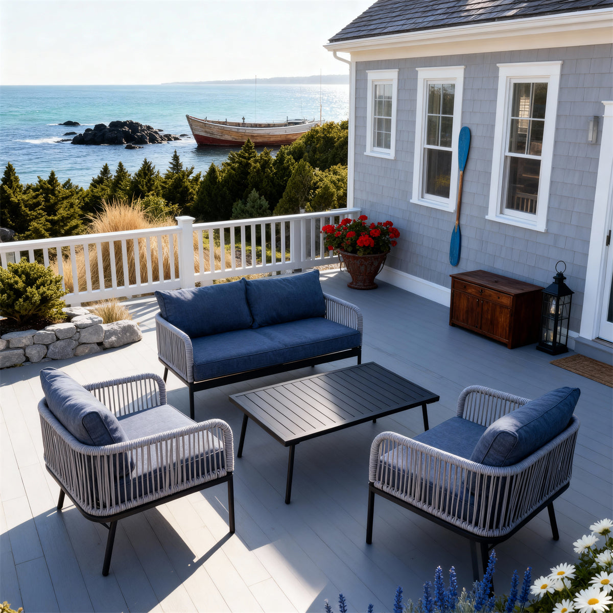 SFTZ260801 Light Grey Wicker Outdoor Lounge Set with Navy Cushions – Mediterranean Coastal Villa Patio 4-Piece Luxury Social Furniture Set