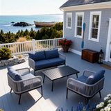 SFTZ260801 Light Grey Wicker Outdoor Lounge Set with Navy Cushions – Mediterranean Coastal Villa Patio 4-Piece Luxury Social Furniture Set