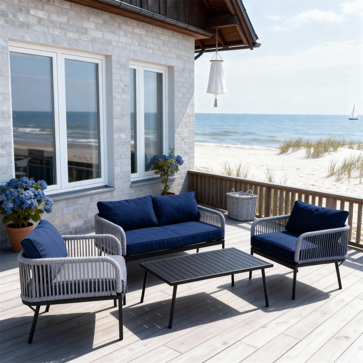 SFTZ260801 Light Grey Wicker Outdoor Lounge Set with Navy Cushions – Mediterranean Coastal Villa Patio 4-Piece Luxury Social Furniture Set