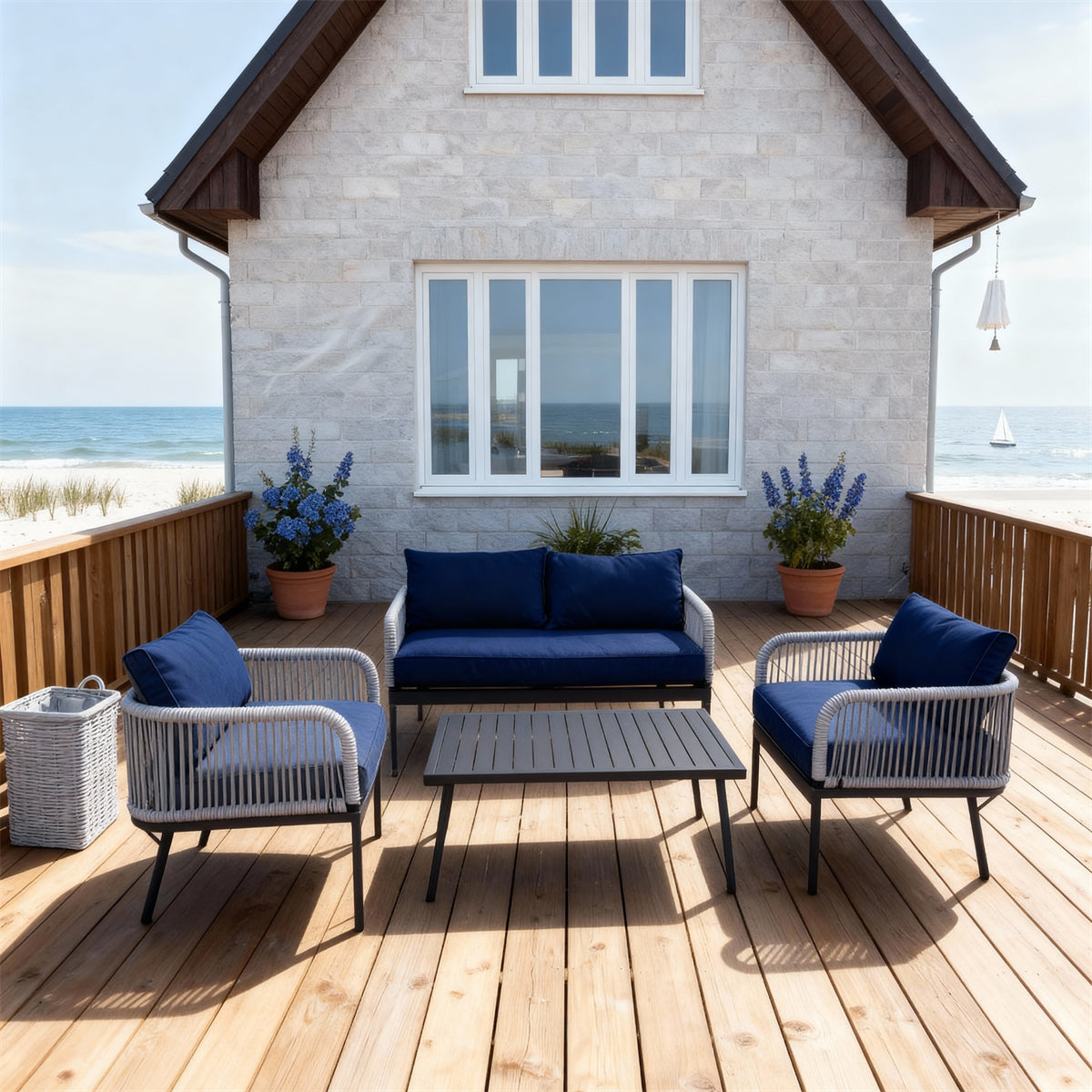 SFTZ260801 Light Grey Wicker Outdoor Lounge Set with Navy Cushions – Mediterranean Coastal Villa Patio 4-Piece Luxury Social Furniture Set