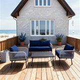 SFTZ260801 Light Grey Wicker Outdoor Lounge Set with Navy Cushions – Mediterranean Coastal Villa Patio 4-Piece Luxury Social Furniture Set