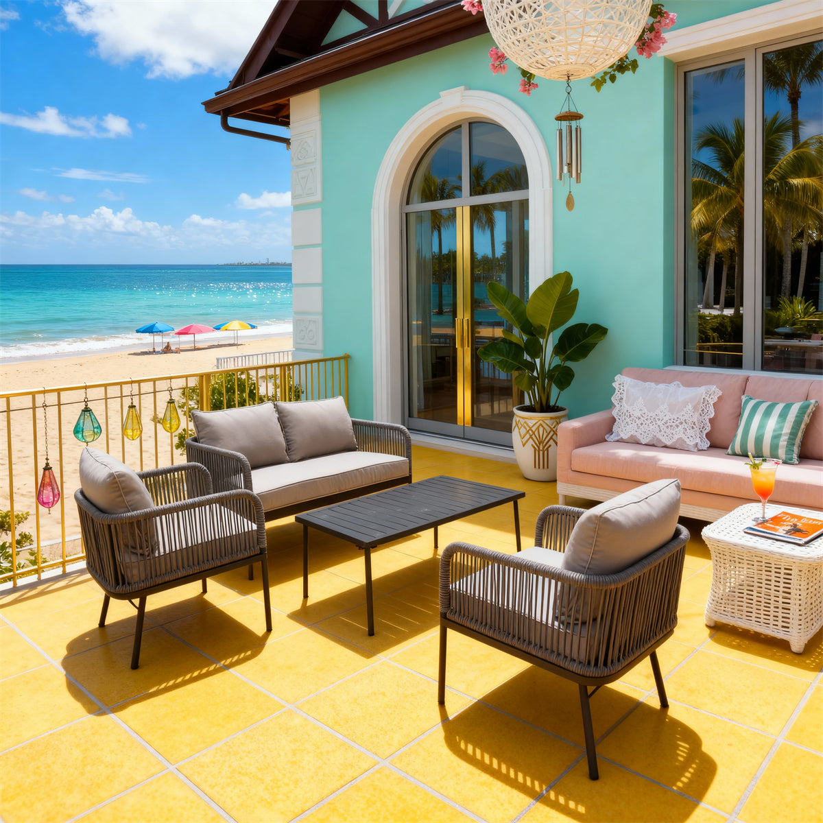 SFTZ260802 Charcoal Wicker Outdoor Lounge Set with Light Grey Cushions – California Coastal Cliff Villa Patio 4-Piece Modern Luxury Lounge Furniture Set