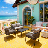 SFTZ260802 Charcoal Wicker Outdoor Lounge Set with Light Grey Cushions – California Coastal Cliff Villa Patio 4-Piece Modern Luxury Lounge Furniture Set