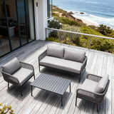 SFTZ260802 Charcoal Wicker Outdoor Lounge Set with Light Grey Cushions – California Coastal Cliff Villa Patio 4-Piece Modern Luxury Lounge Furniture Set