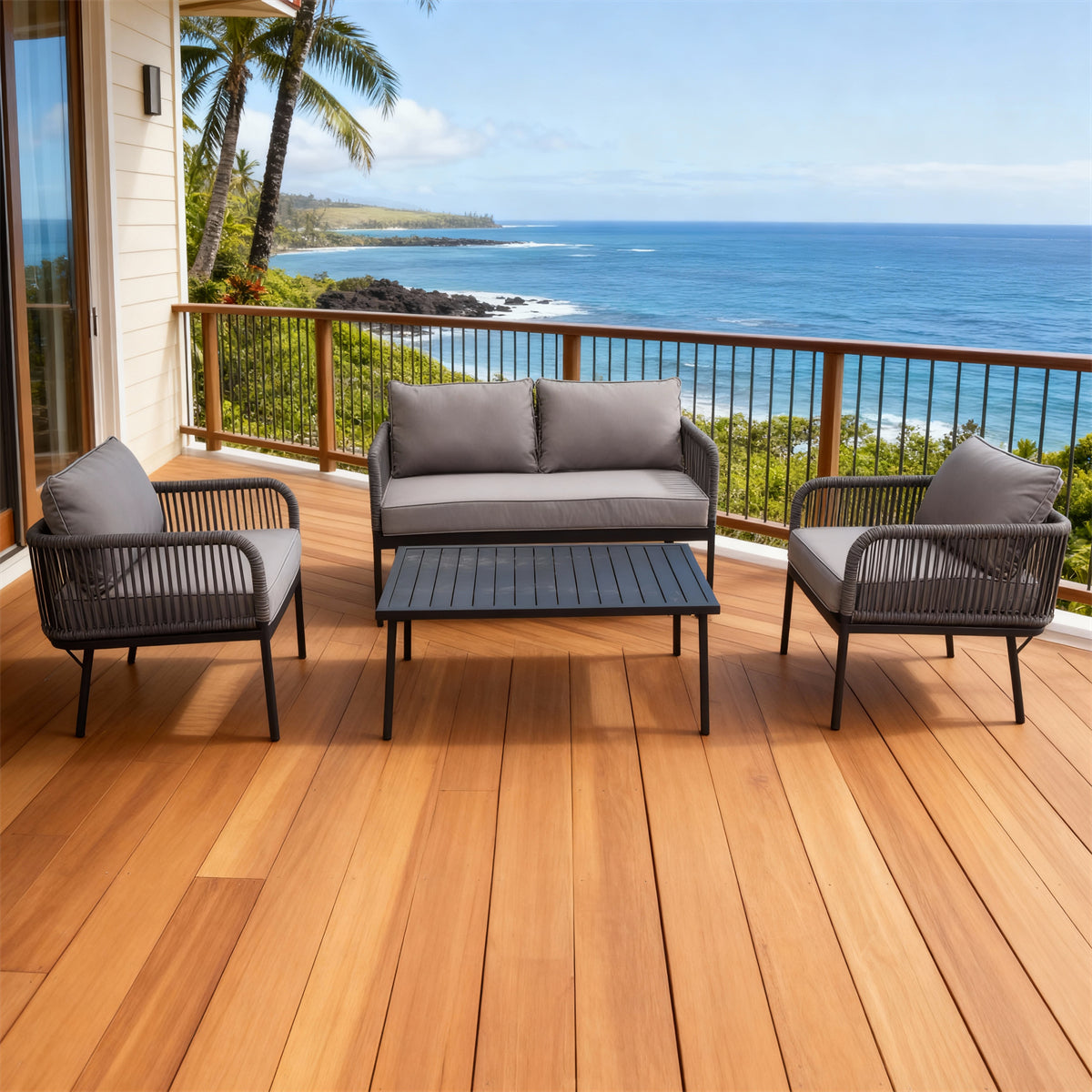 SFTZ260802 Charcoal Wicker Outdoor Lounge Set with Light Grey Cushions – California Coastal Cliff Villa Patio 4-Piece Modern Luxury Lounge Furniture Set