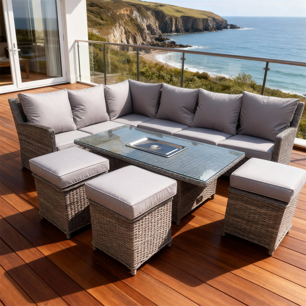 SFTZ2609 Light Grey Wicker Curved Sectional Outdoor Lounge Set – Mediterranean Coastal Manor Patio Luxury Furniture Set