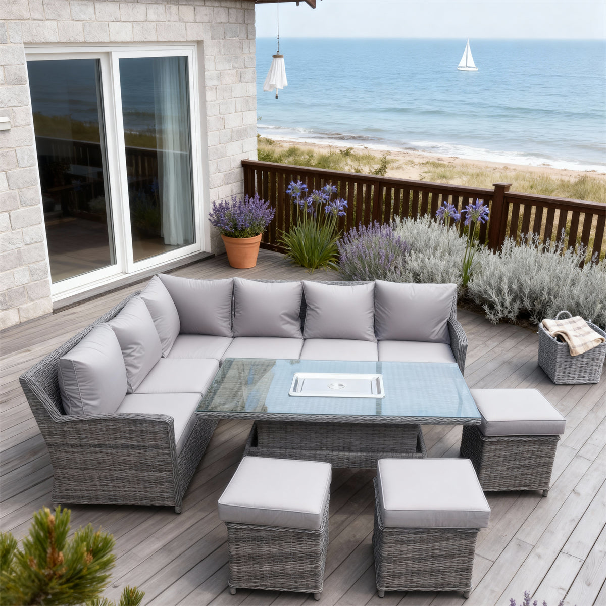 SFTZ2609 Light Grey Wicker Curved Sectional Outdoor Lounge Set – Mediterranean Coastal Manor Patio Luxury Furniture Set