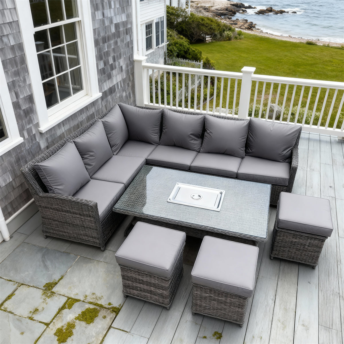 SFTZ2609 Light Grey Wicker Curved Sectional Outdoor Lounge Set – Mediterranean Coastal Manor Patio Luxury Furniture Set