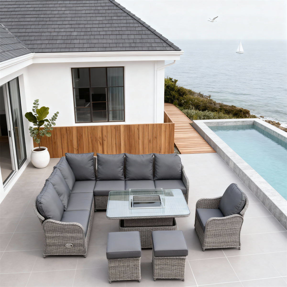 SFTZ2610 Light Beige Wicker L-Shaped Outdoor Lounge Set – Nordic Coastal Cottage Patio Luxury Furniture Set