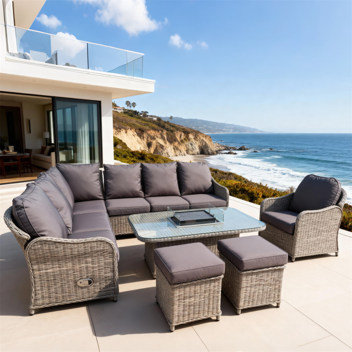 SFTZ2610 Light Beige Wicker L-Shaped Outdoor Lounge Set – Nordic Coastal Cottage Patio Luxury Furniture Set