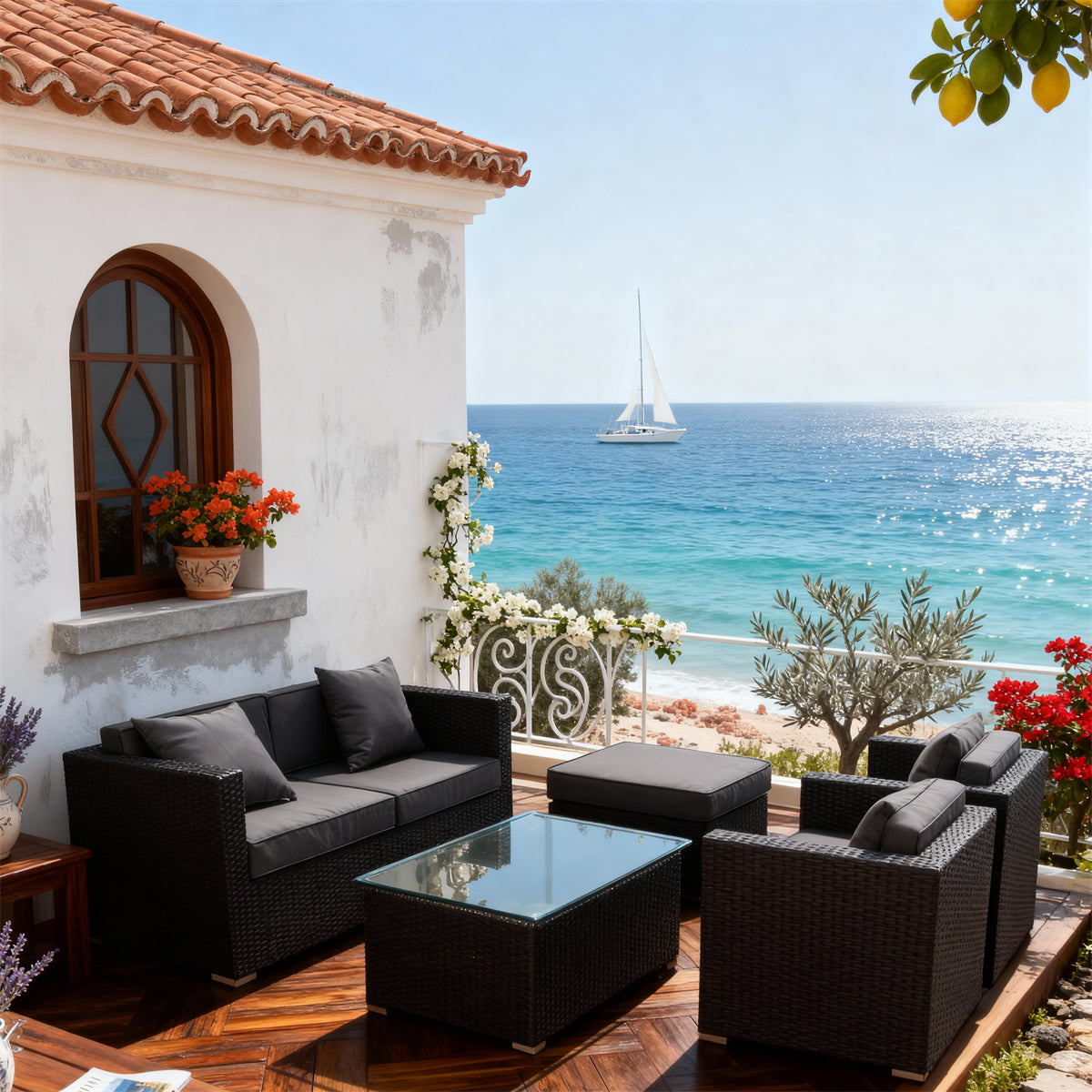 SFTZ261201 All-Black Wicker Outdoor Lounge Set with Dark Grey Cushions – Greek Santorini Coastal Villa Patio Luxury Social Furniture Set