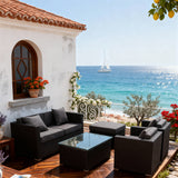 SFTZ261201 All-Black Wicker Outdoor Lounge Set with Dark Grey Cushions – Greek Santorini Coastal Villa Patio Luxury Social Furniture Set