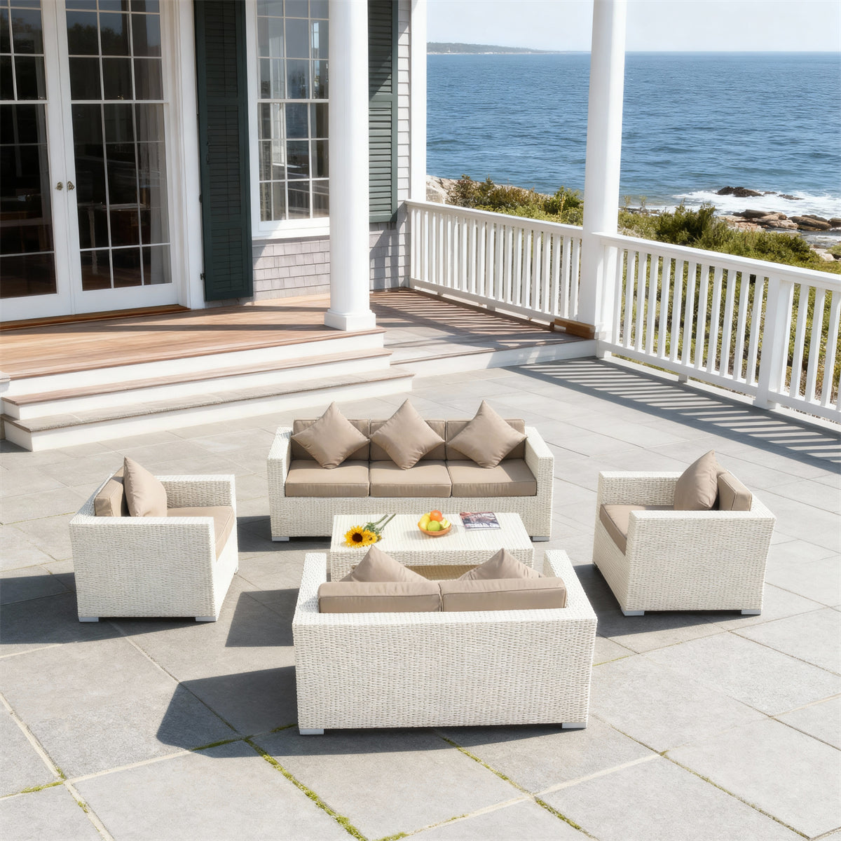 SFTZ261203 Cream Wicker Outdoor Lounge Set with Tan Cushions – New England Coastal Manor Patio Luxury Social Furniture Set