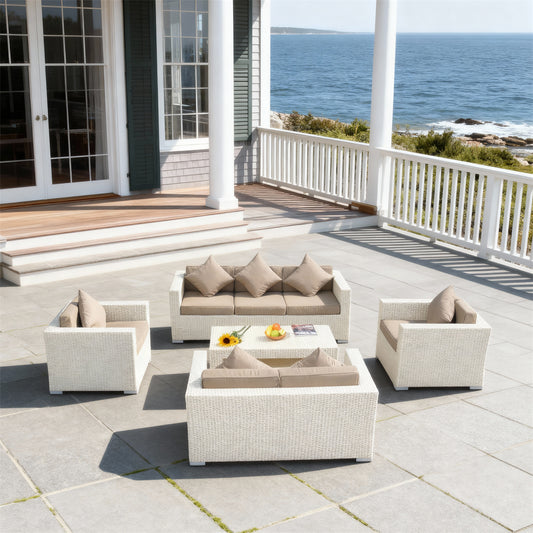 SFTZ261203 Cream Wicker Outdoor Lounge Set with Tan Cushions – New England Coastal Manor Patio Luxury Social Furniture Set