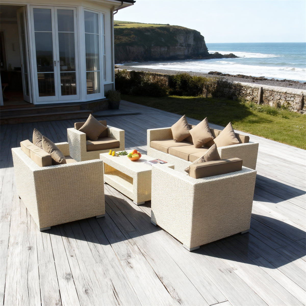 SFTZ261203 Cream Wicker Outdoor Lounge Set with Tan Cushions – New England Coastal Manor Patio Luxury Social Furniture Set