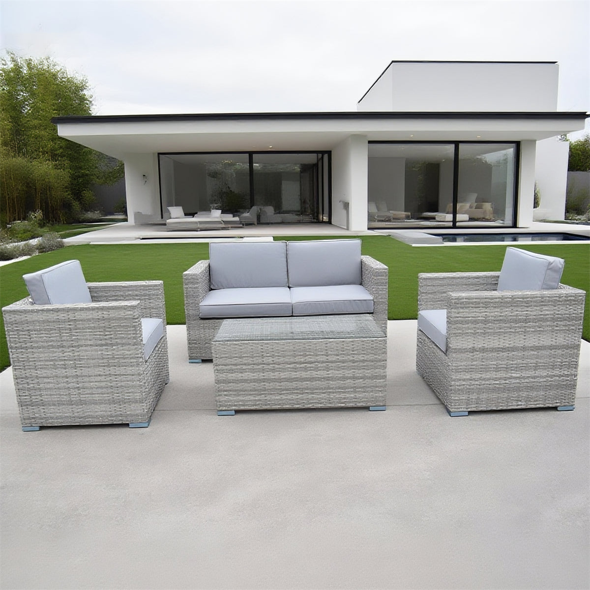 SFTZ261301 Light Grey Wicker Outdoor Lounge Set with Light Grey Cushions – Modern Minimalist Pool Villa Patio Luxury Outdoor Social Furniture Set