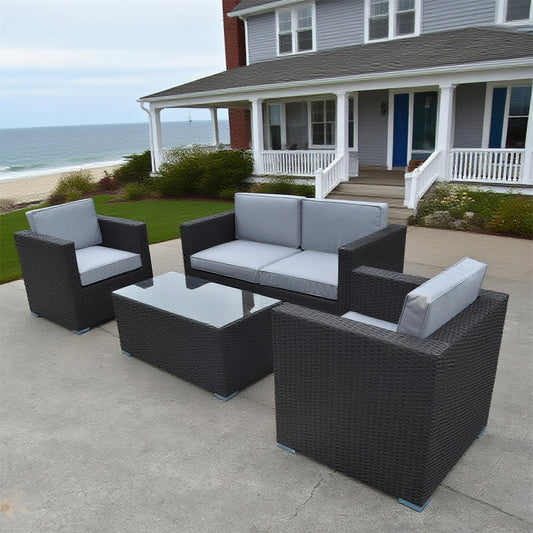 SFTZ261302 Charcoal Wicker Outdoor Lounge Set with Light Grey Cushions – New England Coastal American Villa Patio Luxury Outdoor Social Furniture Set