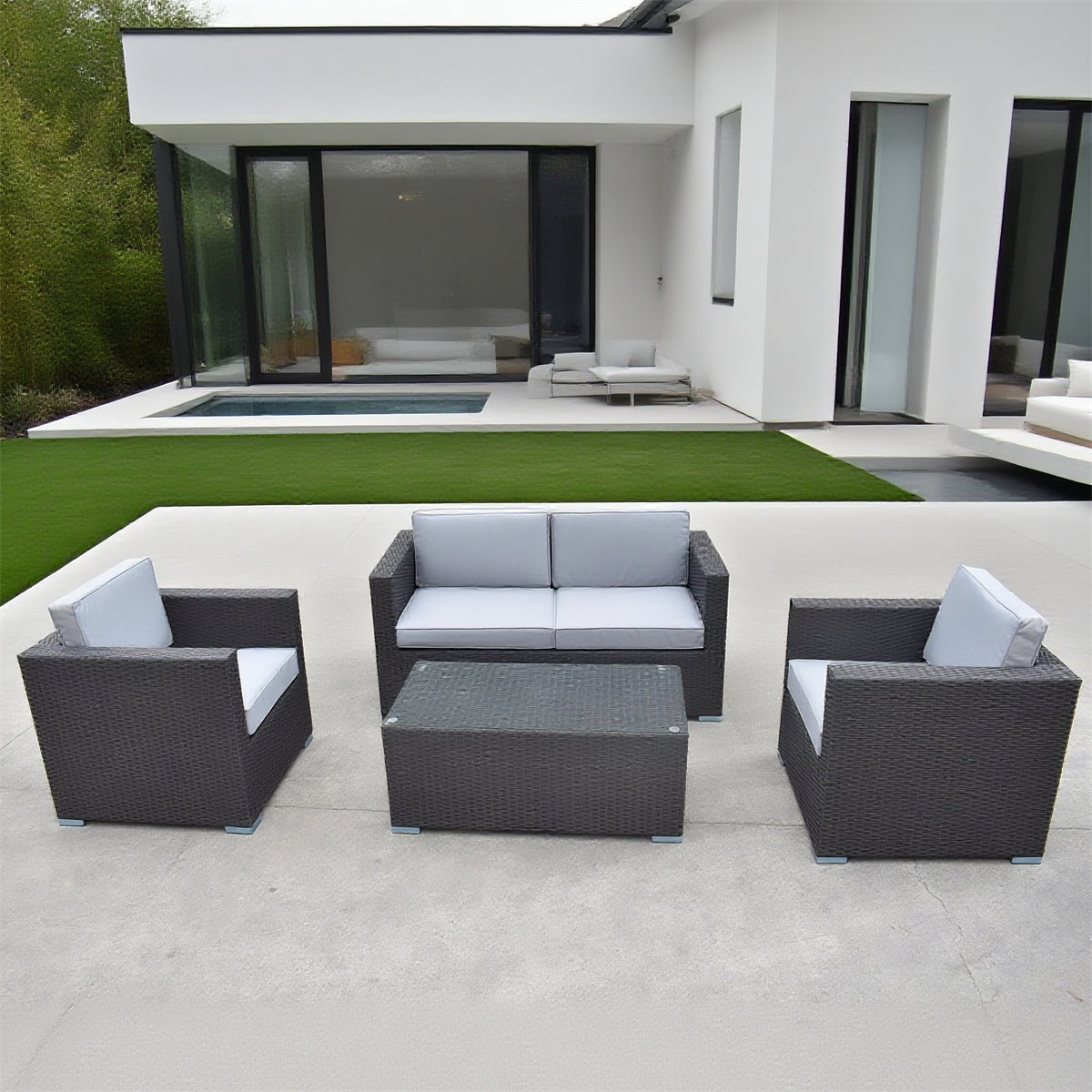 SFTZ261302 Charcoal Wicker Outdoor Lounge Set with Light Grey Cushions – New England Coastal American Villa Patio Luxury Outdoor Social Furniture Set