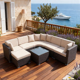 SFTZ2614 All-Black Wicker Curved Outdoor Lounge Set with Beige Cushions – Fijian Beachfront Tropical Villa Patio Luxury Outdoor Social Furniture Set