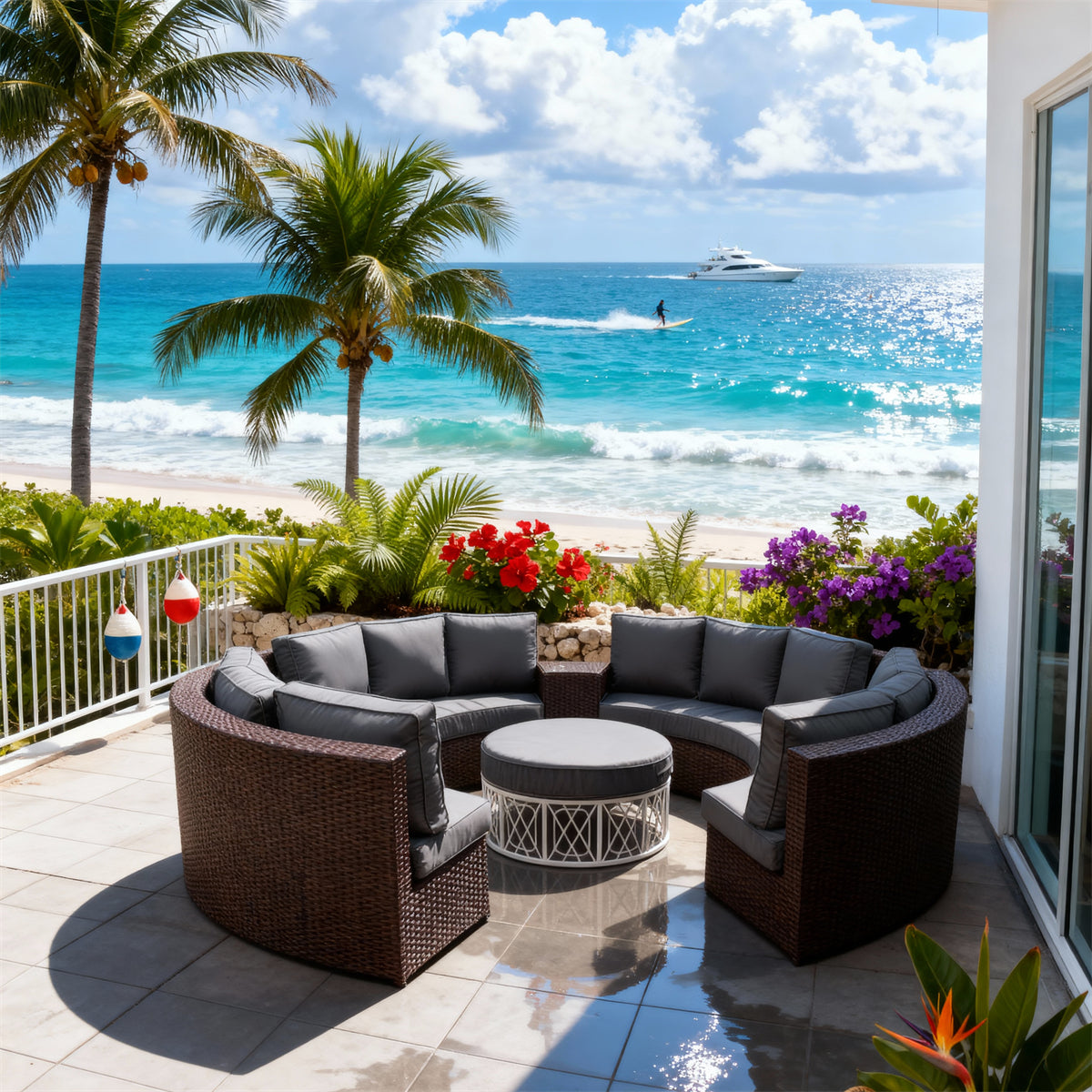 SFTZ2615 Brown Wicker Curved Outdoor Lounge Set with Dark Grey Cushions – Caribbean Beachfront Luxury Villa Patio Outdoor Social Furniture Set