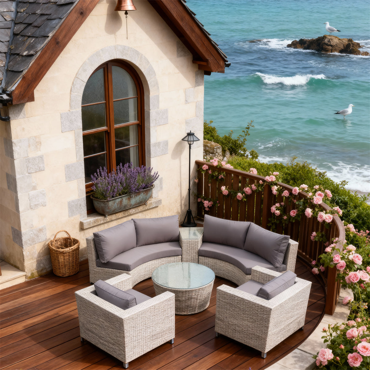 SFTZ2616 Light Beige Wicker Curved Outdoor Lounge Set with Grey Cushions – Brittany Coastal Stone Cottage Patio Luxury Outdoor Social Furniture Set
