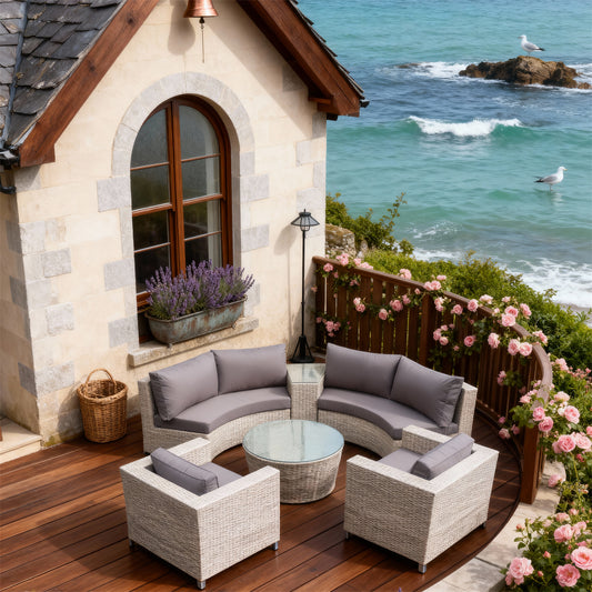 SFTZ2616 Light Beige Wicker Curved Outdoor Lounge Set with Grey Cushions – Brittany Coastal Stone Cottage Patio Luxury Outdoor Social Furniture Set