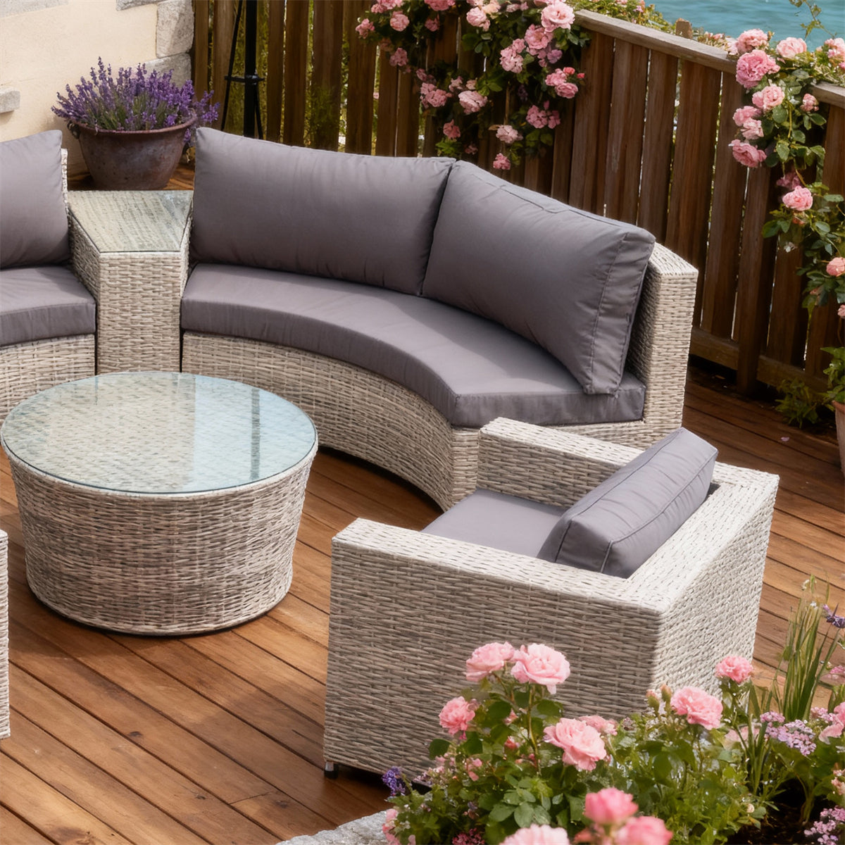 SFTZ2616 Light Beige Wicker Curved Outdoor Lounge Set with Grey Cushions – Brittany Coastal Stone Cottage Patio Luxury Outdoor Social Furniture Set