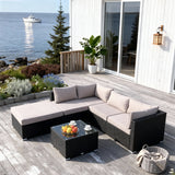 SFTZ2617 All-Black Wicker L-Shaped Outdoor Lounge Set with Beige Cushions – Scandinavian Coastal Cabin Patio Luxury Outdoor Social Furniture Set