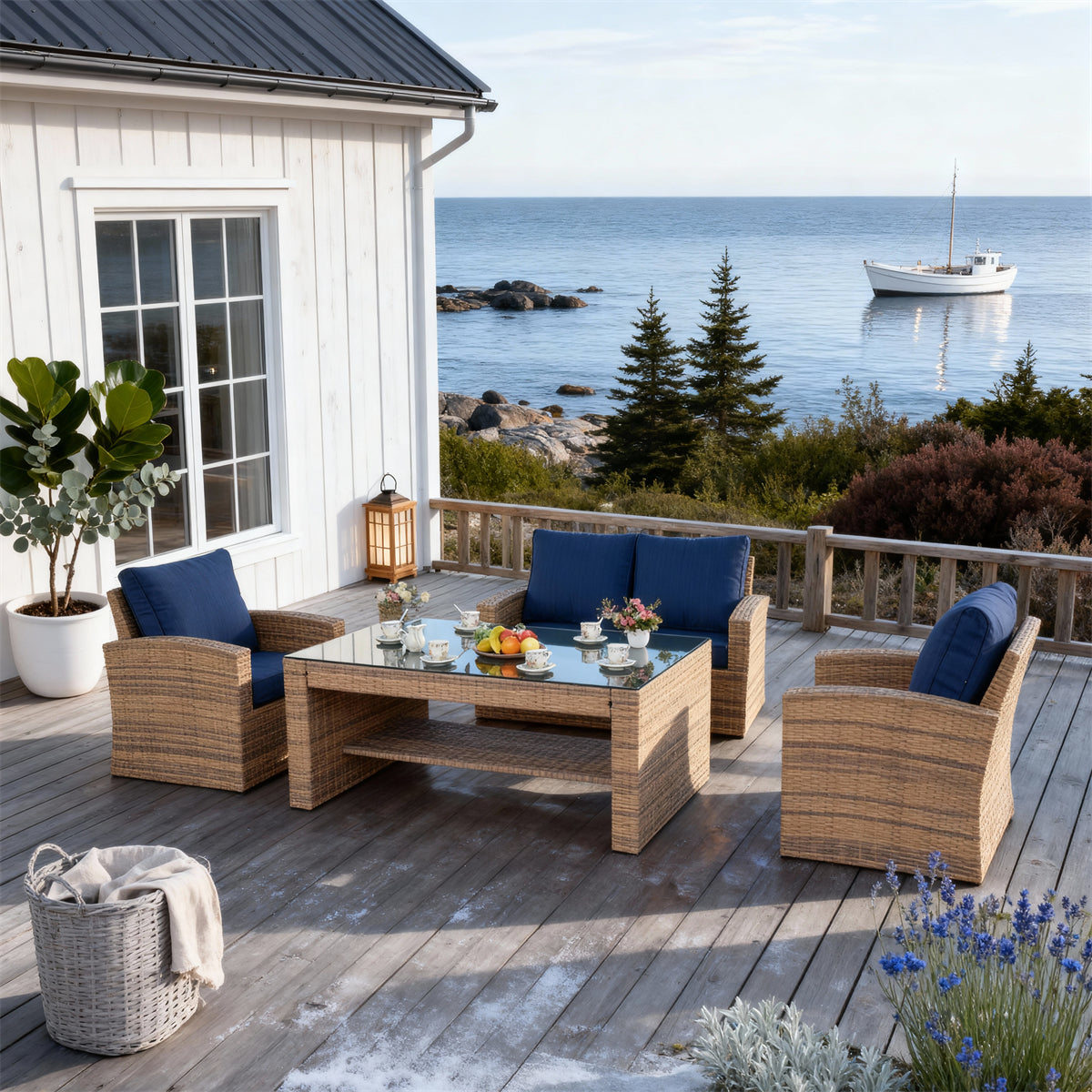 SFTZ2618 Light Brown Wicker Outdoor Lounge Set with Navy Cushions – Brittany French Coastal Stone Cottage Patio Luxury Outdoor Social Furniture Set