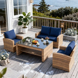 SFTZ2618 Light Brown Wicker Outdoor Lounge Set with Navy Cushions – Brittany French Coastal Stone Cottage Patio Luxury Outdoor Social Furniture Set
