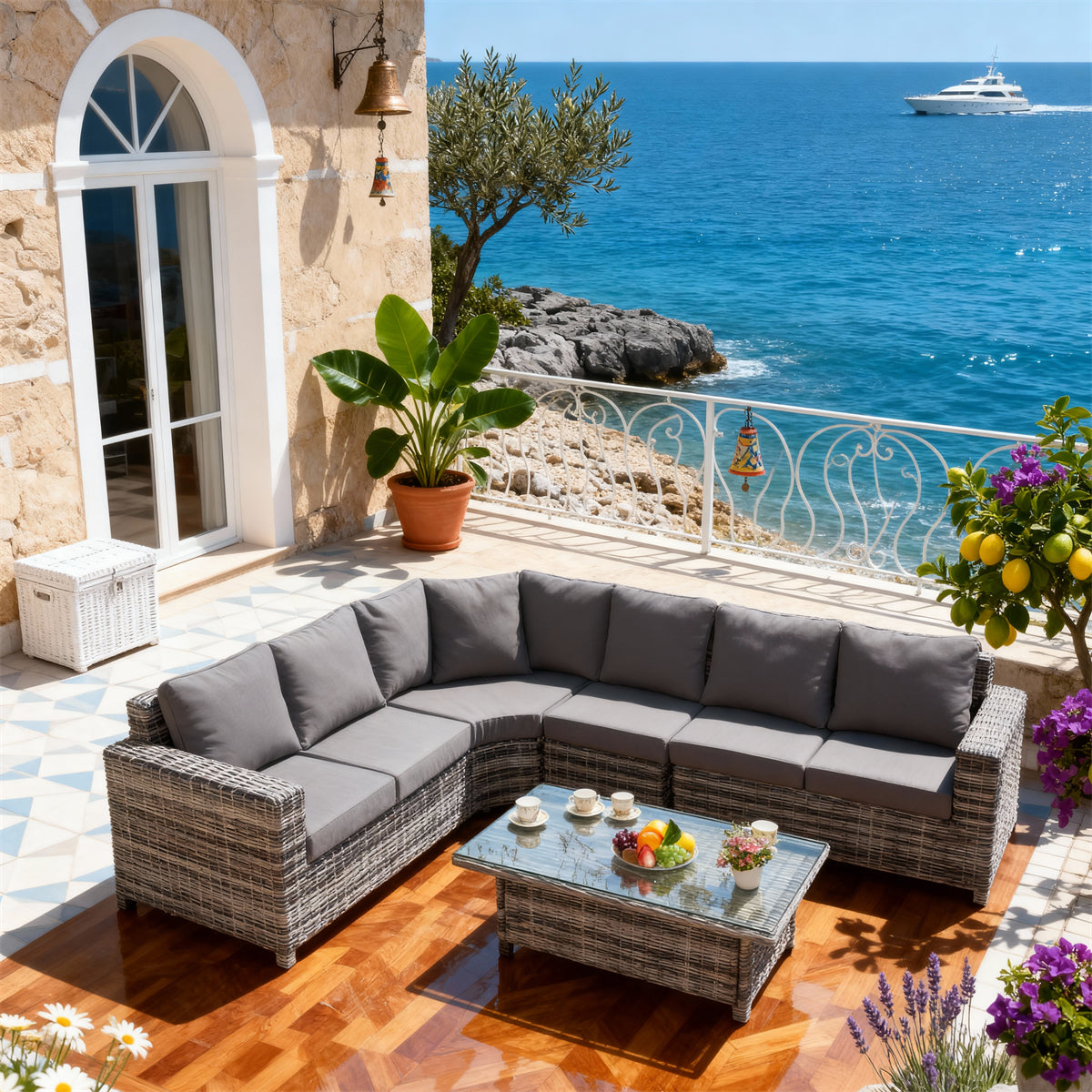 SFTZ2619 Grey-Brown Woven Wicker Curved Outdoor Lounge Set with Dark Grey Cushions – Monaco Coastal Cliff Villa Patio Luxury Outdoor Social Furniture Set