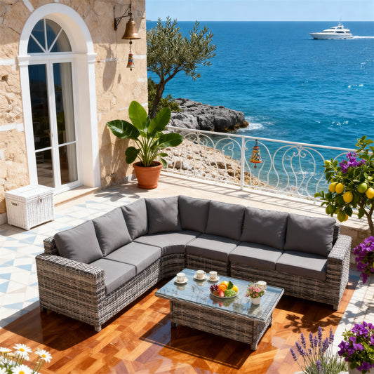 SFTZ2619 Grey-Brown Woven Wicker Curved Outdoor Lounge Set with Dark Grey Cushions – Monaco Coastal Cliff Villa Patio Luxury Outdoor Social Furniture Set