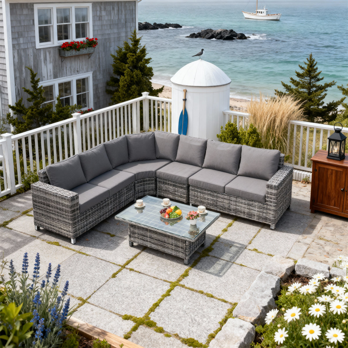 SFTZ2619 Grey-Brown Woven Wicker Curved Outdoor Lounge Set with Dark Grey Cushions – Monaco Coastal Cliff Villa Patio Luxury Outdoor Social Furniture Set