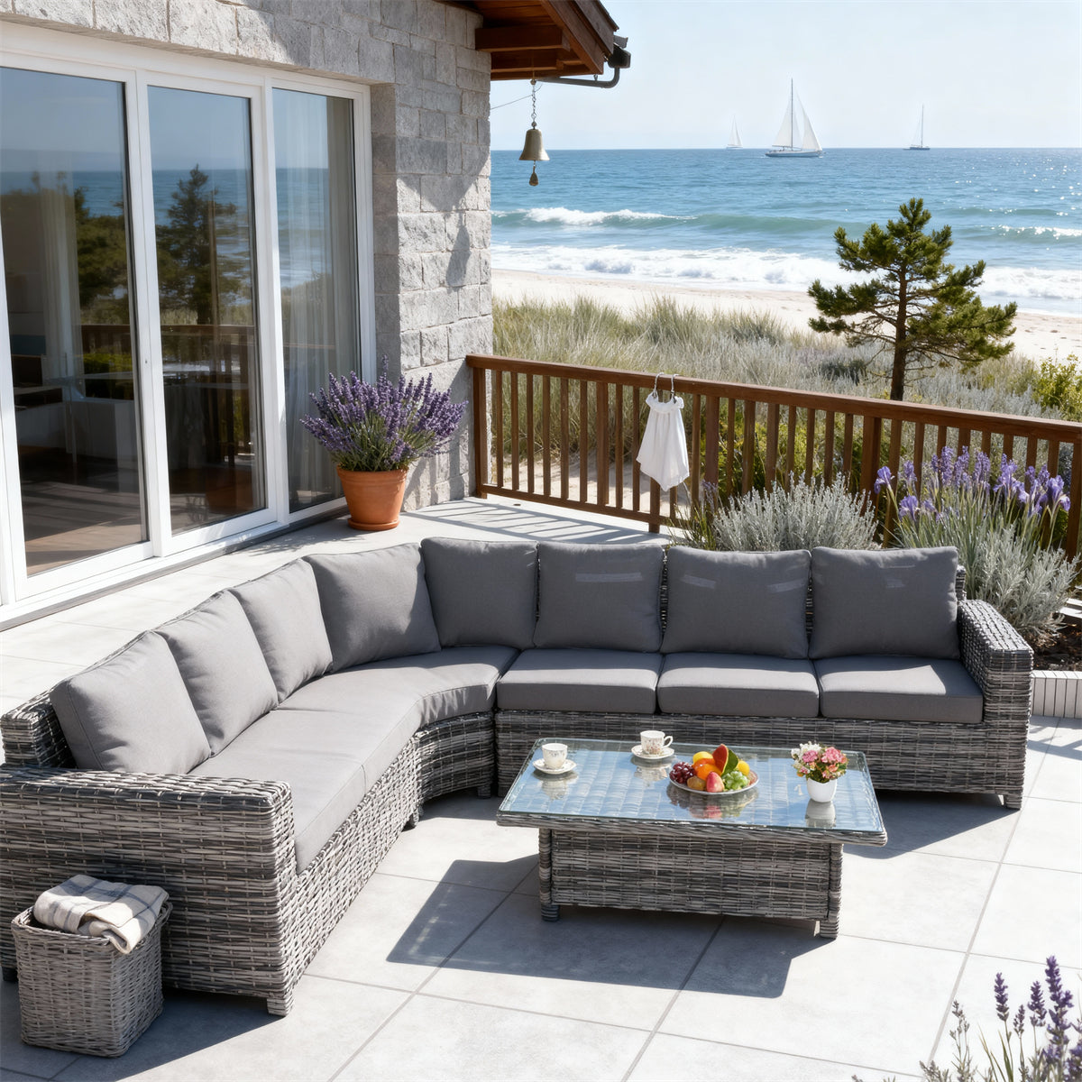 SFTZ2619 Grey-Brown Woven Wicker Curved Outdoor Lounge Set with Dark Grey Cushions – Monaco Coastal Cliff Villa Patio Luxury Outdoor Social Furniture Set