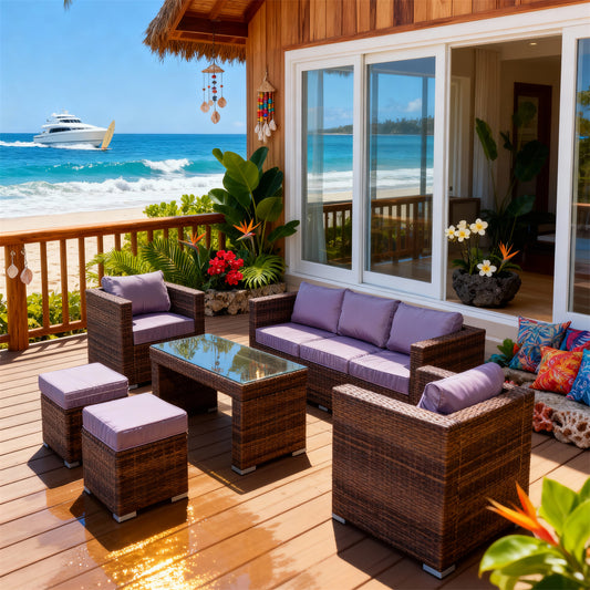 SFTZ2620 Dark Brown Wicker Outdoor Lounge Set with Lavender Cushions – Hawaiian Tropical Beachfront Resort Cottage Patio Luxury Outdoor Social Furniture Set