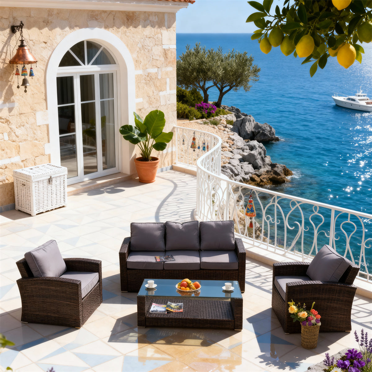 SFTZ2621 Dark Brown Wicker Outdoor Lounge Set with Light Grey Cushions – Baltic Sea Coastal Stone Cottage Patio Luxury Outdoor Social Furniture Set