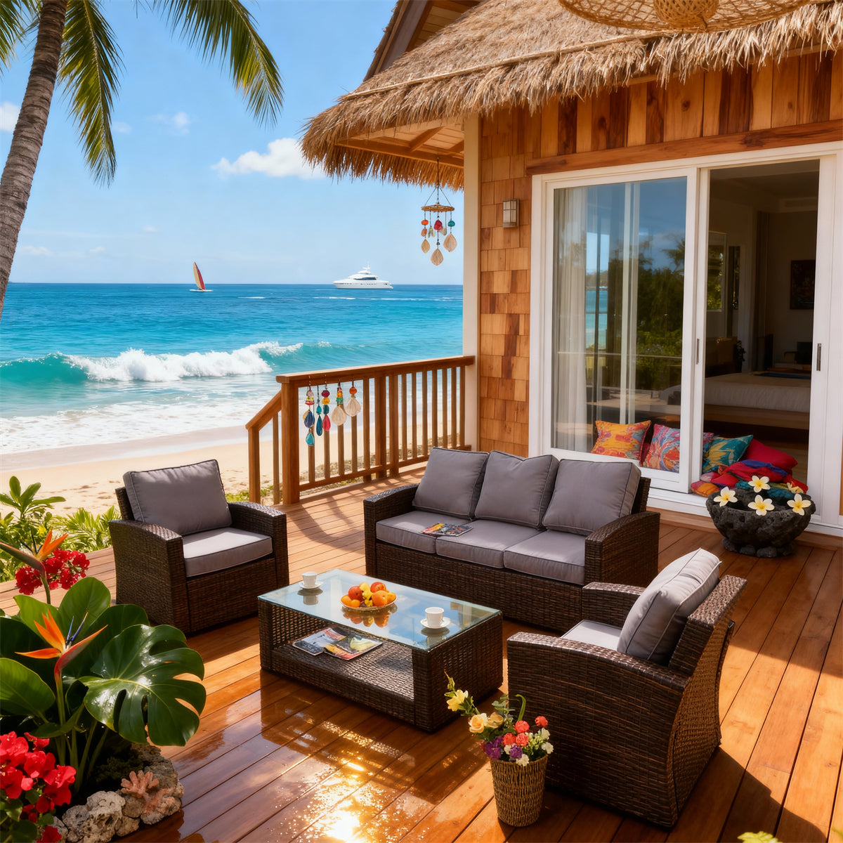 SFTZ2621 Dark Brown Wicker Outdoor Lounge Set with Light Grey Cushions – Baltic Sea Coastal Stone Cottage Patio Luxury Outdoor Social Furniture Set