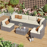 SFTZ2622 All-Black Wicker Modular Outdoor Lounge Set with Cream Cushions & Red Pillows – Maine Coastal Modern Villa Patio Luxury Outdoor Social Furniture Set