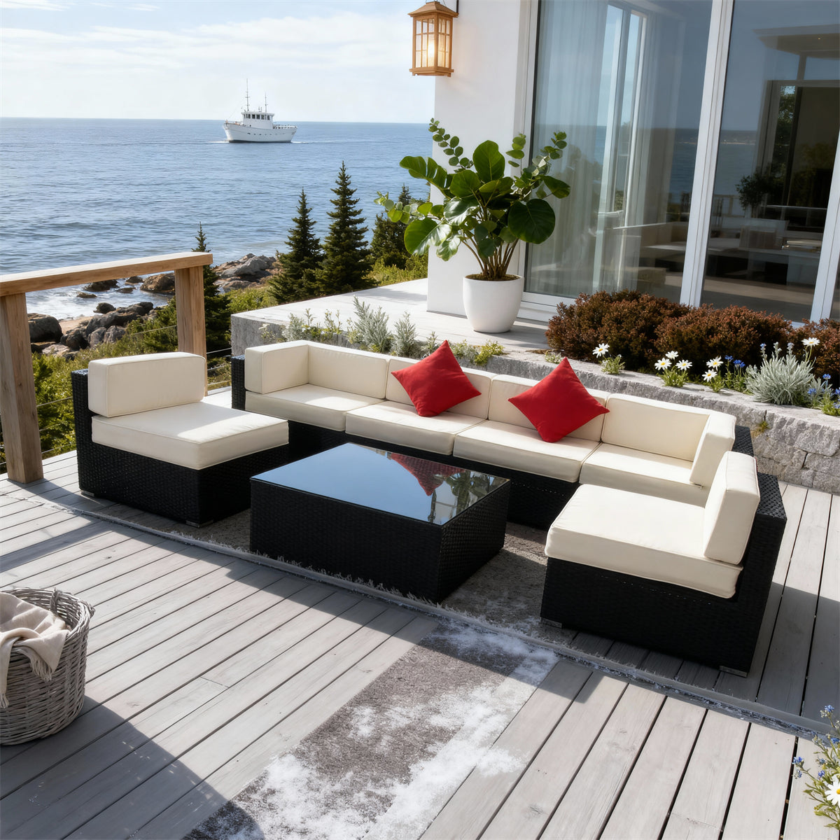 SFTZ2622 All-Black Wicker Modular Outdoor Lounge Set with Cream Cushions & Red Pillows – Maine Coastal Modern Villa Patio Luxury Outdoor Social Furniture Set