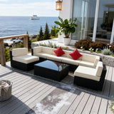 SFTZ2622 All-Black Wicker Modular Outdoor Lounge Set with Cream Cushions & Red Pillows – Maine Coastal Modern Villa Patio Luxury Outdoor Social Furniture Set